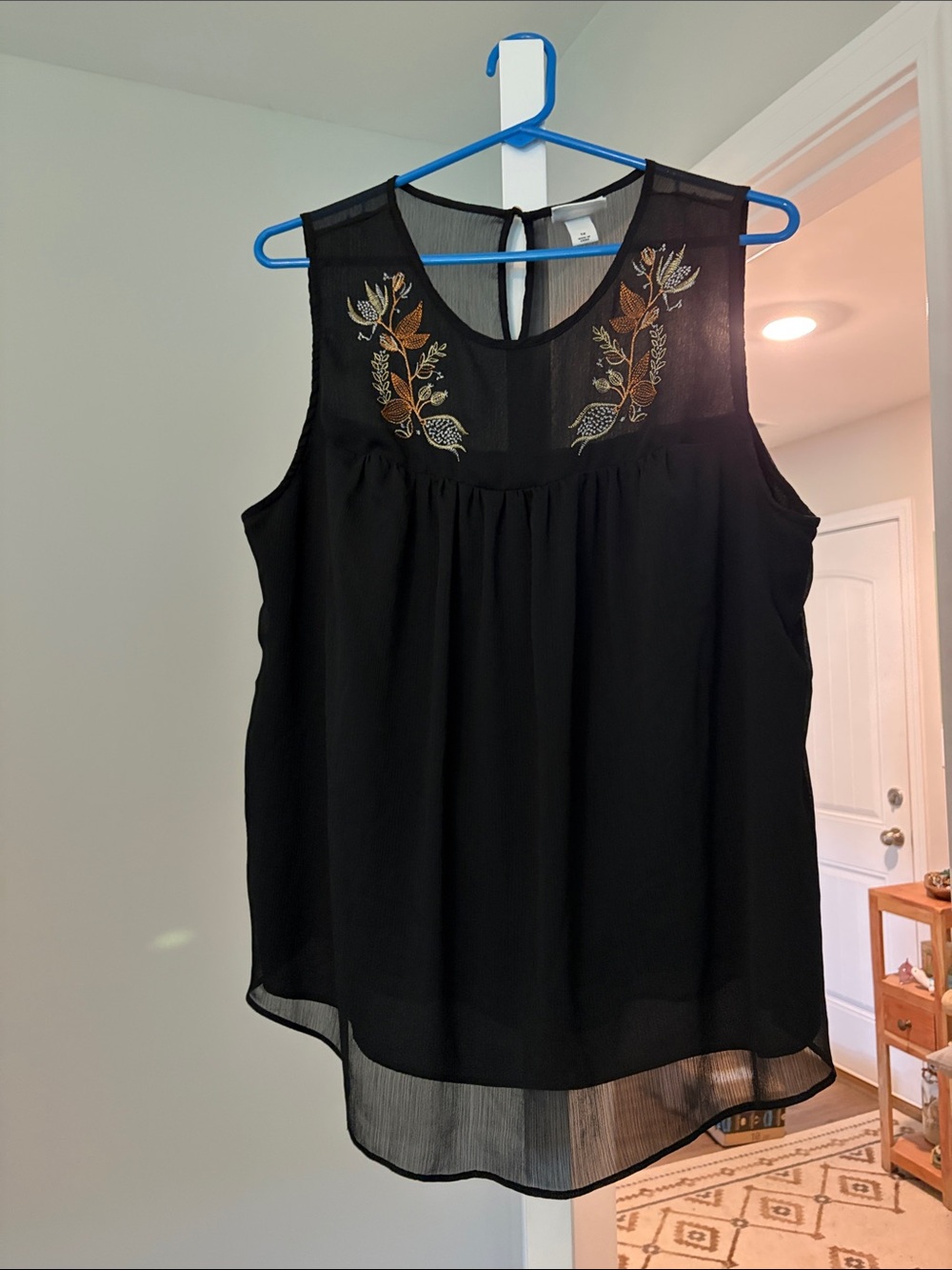 Ava & Viv Black Sleeveless Sheer Yoke Tank with Gold Floral Embroidery